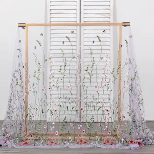 green red floral motif embroidery on lavender mesh