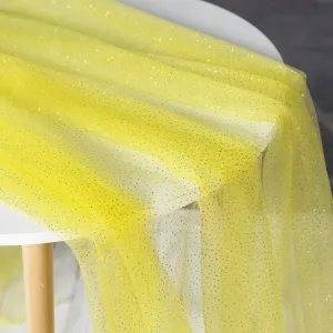 Star Shiny Gold Glitter Glued Yellow Soft Mesh Fabric