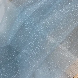 Shiny Silver Glitter Glued Dusty Blue Tulle for Overskirt